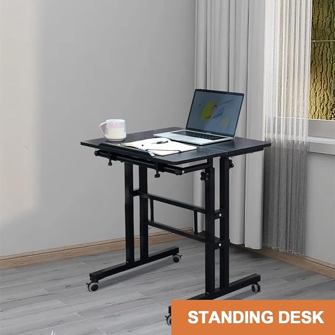 AIZ Adjustable Desk with Rolling Wheels, Portable Laptop Table for Standing or Sitting, Home Office Computer Workstation for Adults or Children,Black - LeafyLoom