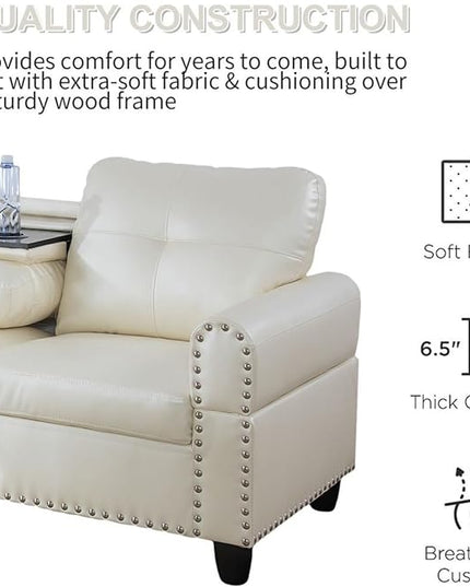 Leather L Shaped Sectional Ottoman Modern Nail-Head Design Comfy Lounge Modular Sofa with Cup Holder & Chaise for Living Room, Bedroom, Office, L Couch White - LeafyLoom