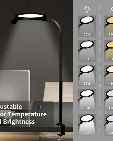 QINER LED Desk Lamp, Eye Protection Desk Light with Sunshade Touch Control Table Lamp Gooseneck Task Lamp 25 Lighting Effect Modes Clamp Lamp for Office Workbench Drafting Live Streaming - LeafyLoom