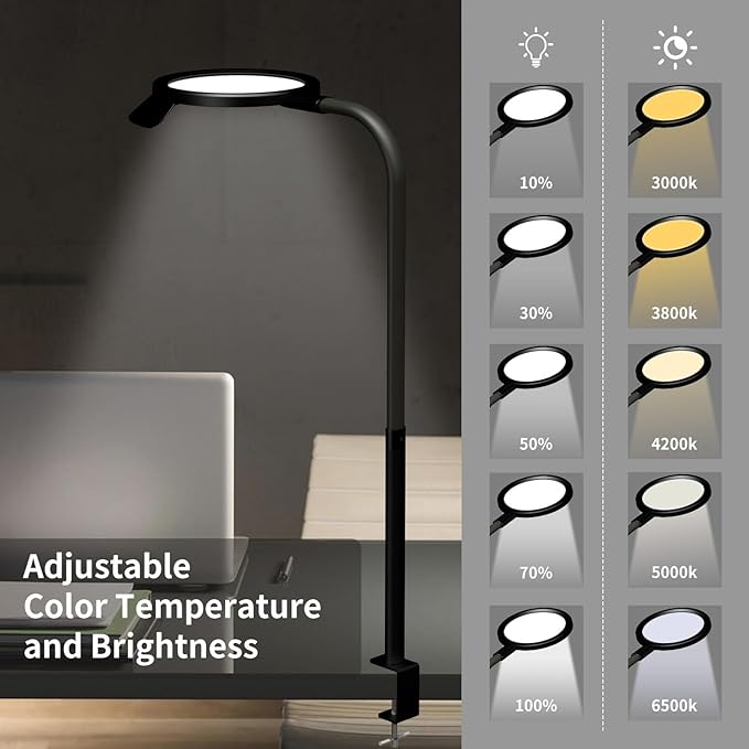 QINER LED Desk Lamp, Eye Protection Desk Light with Sunshade Touch Control Table Lamp Gooseneck Task Lamp 25 Lighting Effect Modes Clamp Lamp for Office Workbench Drafting Live Streaming - LeafyLoom