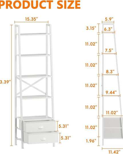 Furologee 5-Tier Ladder Shelf with 2 Drawers,Narrow Bookshelf Storage Shelves,Industrial Bookcase Freestanding Shelf Units for Bedroom,Living Room,Bathroom,Home Office,Balcony,Wood Metal, White - LeafyLoom