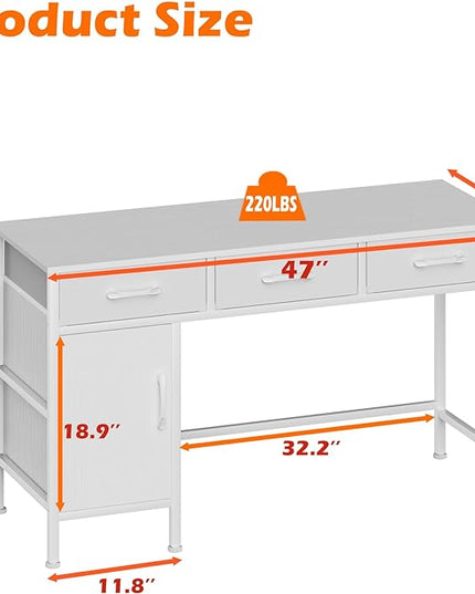 White Desk with Storage Cabinet and 3 Fabric Drawers, 47 Inch Home Office Desk for Writing Study Gaming, Computer Table with Storage Space, Modern Vanity Desk for Bedroom - LeafyLoom