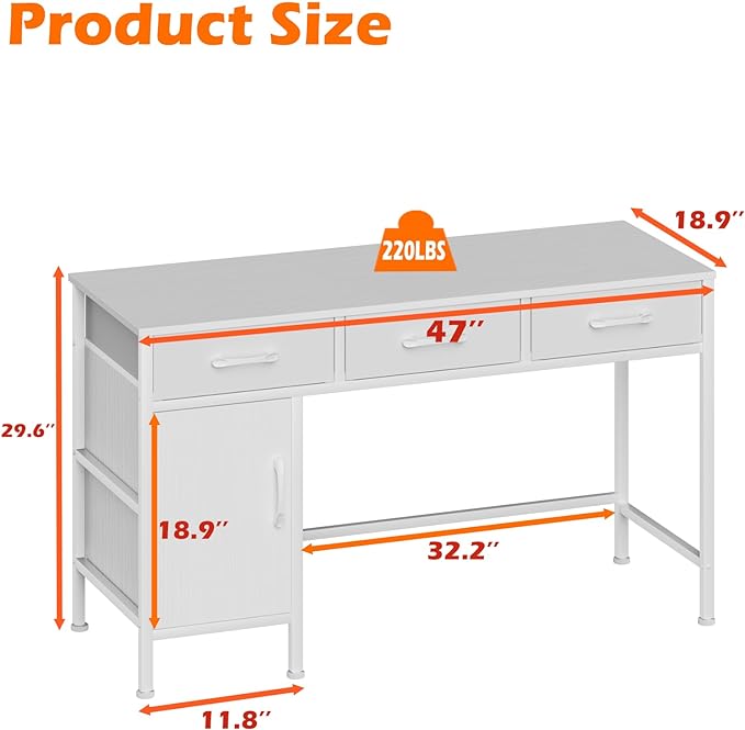 White Desk with Storage Cabinet and 3 Fabric Drawers, 47 Inch Home Office Desk for Writing Study Gaming, Computer Table with Storage Space, Modern Vanity Desk for Bedroom - LeafyLoom