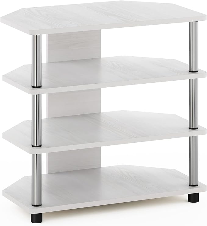 Furinno Econ Easy Assembly 4-Tier Petite Entertainment Center TV Stand for TV up to 25 Inch with Stainless Steel Tubes, White Oak/Chrome - LeafyLoom