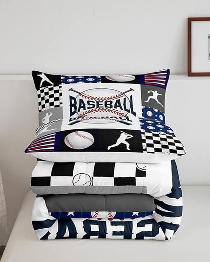 Baseball Bedding,Kids Sports Baseball Comforter Set For Boys Girls Twin Size,Teen Baseball Quilt Set Sport Fans Room Decor,Patchwork Geometric Checkered Comforter Balck white Navy Blue 1 Pillowcase - LeafyLoom