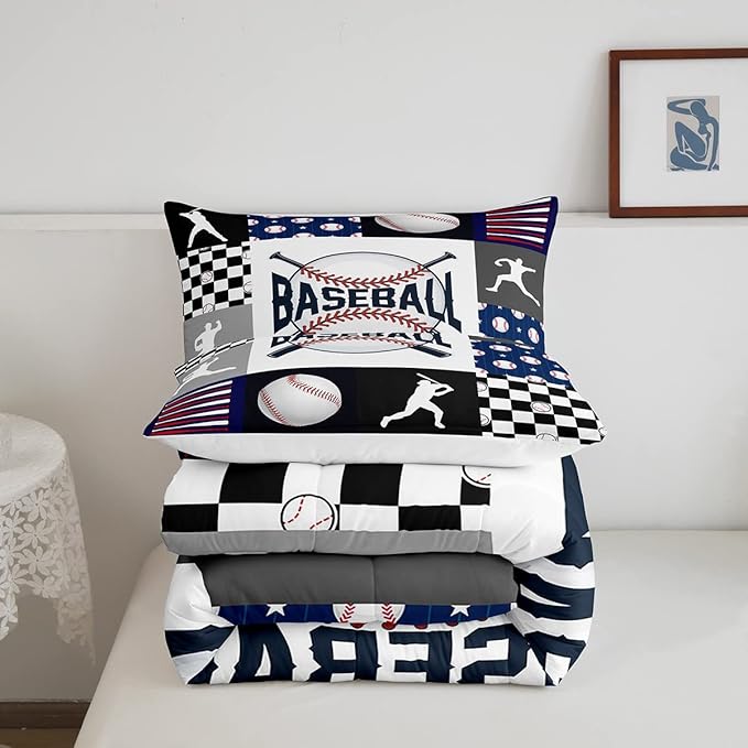 Baseball Bedding,Kids Sports Baseball Comforter Set For Boys Girls Twin Size,Teen Baseball Quilt Set Sport Fans Room Decor,Patchwork Geometric Checkered Comforter Balck white Navy Blue 1 Pillowcase - LeafyLoom