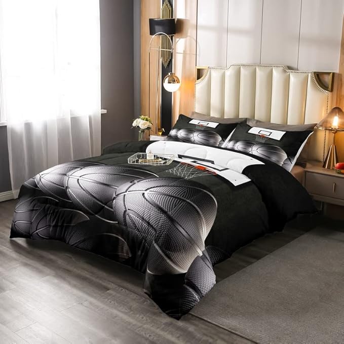 Erosebridal Boys Black Basketball Bedding Set Queen Kids Sports Comforter Set Teen Basketball Hoop Down Comforter Soft Lightweight Quilted Duvet 3 Pcs Basketball Lovers Bedroom Decor - LeafyLoom
