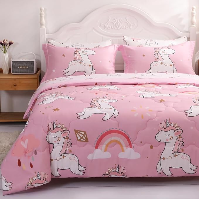 Wajade Kids Pink Unicorn Comforter Set Bed in A Bag Full Size 7 Piece Cute Unicorn Rainbow Clouds Bedding Set for Girls (1 Comforter, 1 Flat Sheet, 1 Fitted Sheet, 2 Pillowcase and 2 Pillow Sham) - LeafyLoom