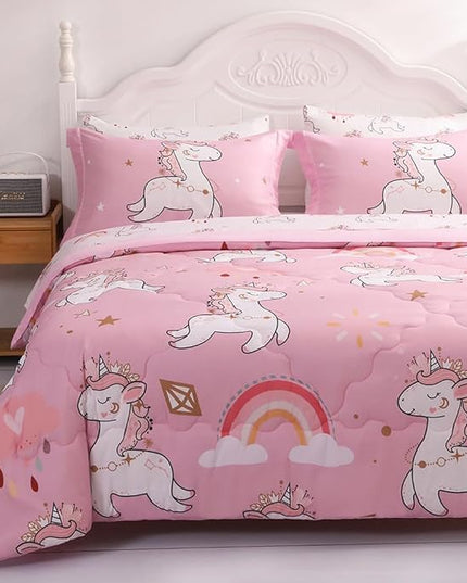 Wajade Kids Pink Unicorn Comforter Set Bed in A Bag Queen Size 7 Piece Cute Unicorn Rainbow Clouds Bedding Set for Girls (1 Comforter, 1 Flat Sheet, 1 Fitted Sheet, 2 Pillowcase and 2 Pillow Sham) - LeafyLoom