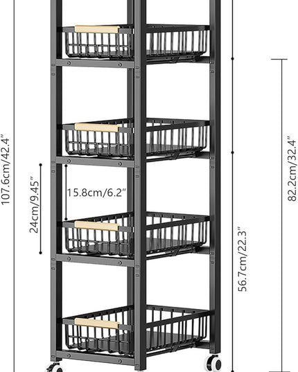 Kitchen Storage Cart Slim Rolling Cart On Wheels,5-Tier Skinny Kitchen Island Utility Organizer Storage Cart with Pull-Out Baskets and Wood Top,Mesh Fruit Basket Cart with Handle - LeafyLoom
