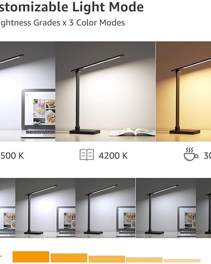 Lepro LED Desk Lamp with USB Charging Port Dimmable Home Office Touch Control Reading Table Lamp,3 Color Modes with 5 Brightness Level,College Dorm Room Essentials, Eye Caring, Sewing, Crafting, Black - LeafyLoom