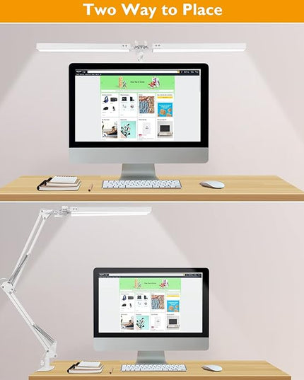 LED Desk Lamp with Clamp, Super Bright Double Head Desk Lamps for Home Office, 5 Color Modes, 10%~100% Dimmable Brightness, Architect Task Desk Light, Modern Swing Arm Workbench Desk Lighting - LeafyLoom