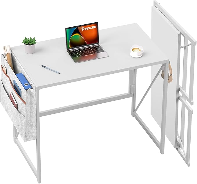 Folding Desk, Small Foldable Desk 31.5 Inch for Small Space, Computer Table Home Office Writing Desk with Storage Bag Headphone Hook, Easy Assembly, White - LeafyLoom