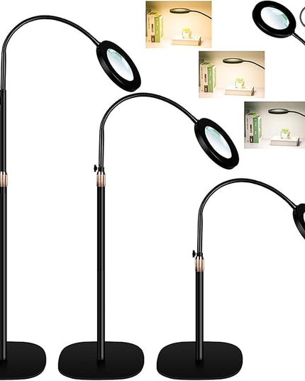10X Magnifying Glass with Light and Stand,NUEYiO 3-Color Stepless Dimmable LED Magnifying Floor Lamp, 24" Gooseneck Adjustable Swing Arm Lighted Magnifier Lamp with Clamp for Reading Craft Esthetican - LeafyLoom