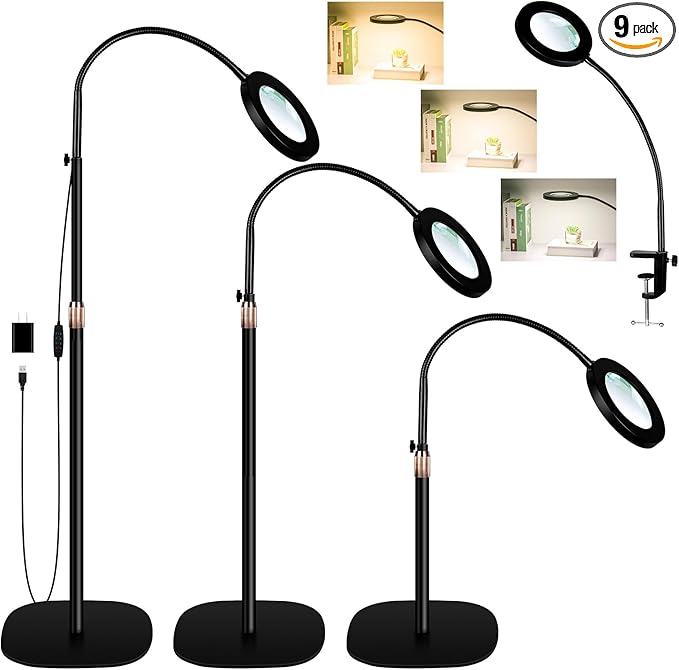10X Magnifying Glass with Light and Stand,NUEYiO 3-Color Stepless Dimmable LED Magnifying Floor Lamp, 24" Gooseneck Adjustable Swing Arm Lighted Magnifier Lamp with Clamp for Reading Craft Esthetican - LeafyLoom