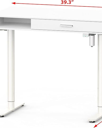 SHW Claire 40-Inch Height Adjustable Electric Standing Desk with Drawer, White - LeafyLoom