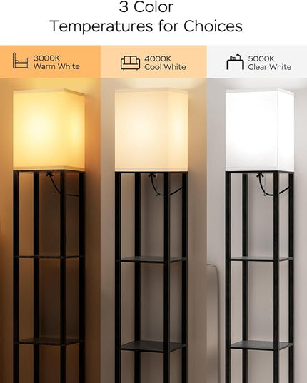PAZZO Floor Lamp with Shelves by Solid Wood, Modern Shelf Floor Lamp with 3 Color Temperature, Linen Lampshade and Storage Shelves for Living Room, Bedroom, Bulb Included(Black) - LeafyLoom