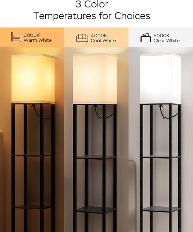 PAZZO Floor Lamp with Shelves by Solid Wood, Modern Shelf Floor Lamp with 3 Color Temperature, Linen Lampshade and Storage Shelves for Living Room, Bedroom, Bulb Included(Black) - LeafyLoom
