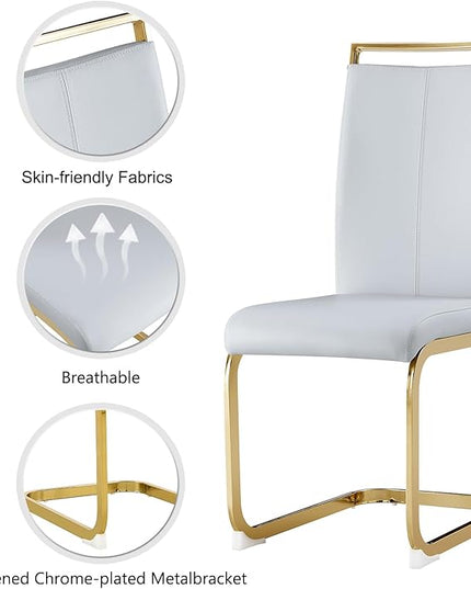 Modern Dining Chairs Set of 6,High Back Light Grey Kitchen Chairs,Faux Leather Side Chair with Gold Plated Metal Legs,Easy to Clean Upholstered Dining Chairs,Ideal for Living Room - LeafyLoom