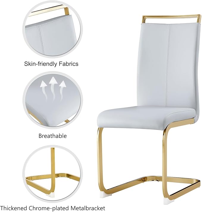 Modern Dining Chairs Set of 6,High Back Light Grey Kitchen Chairs,Faux Leather Side Chair with Gold Plated Metal Legs,Easy to Clean Upholstered Dining Chairs,Ideal for Living Room - LeafyLoom