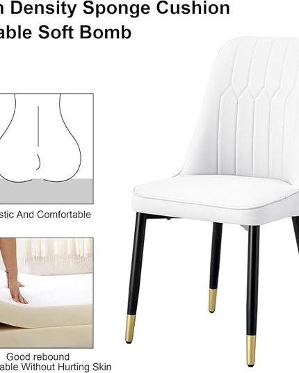 Modern Set of 2, Faux Leather Dining PU Upholstered White Kitchen Chairs with Black Golden Metal Legs for Home Living Room, Restaurant, 2 Piece - LeafyLoom