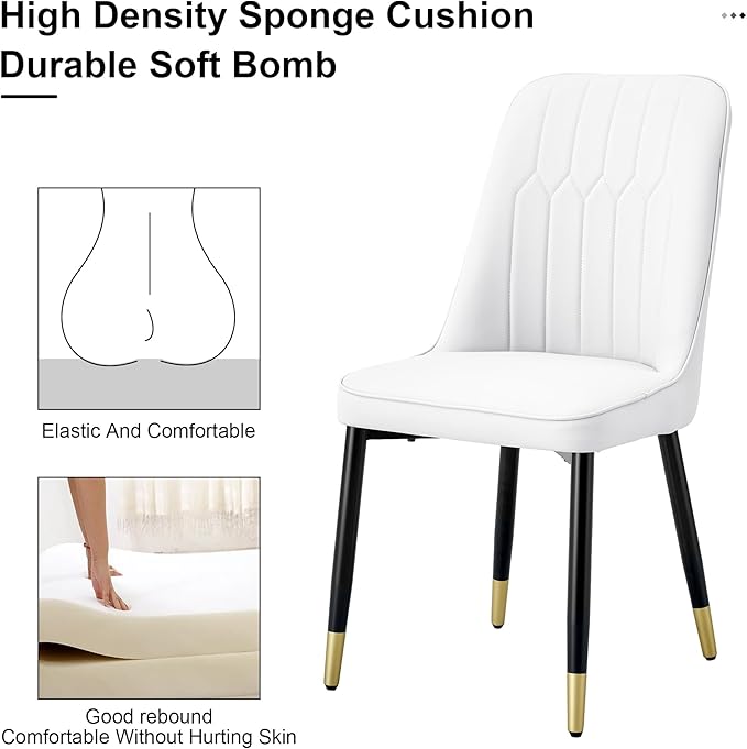 Modern Set of 2, Faux Leather Dining PU Upholstered White Kitchen Chairs with Black Golden Metal Legs for Home Living Room, Restaurant, 2 Piece - LeafyLoom