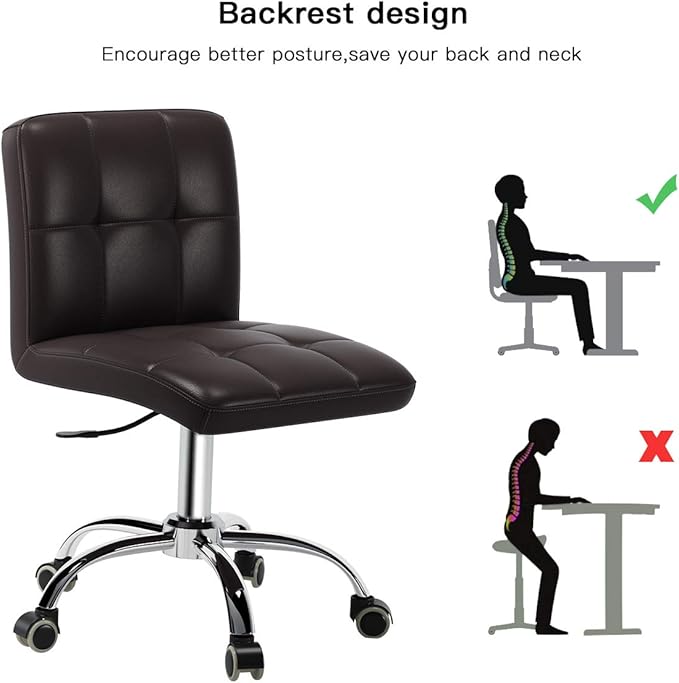 360° Office Desk Chair,PU Adjustable Rolling Task Chair with Backrest for Barber,Office,Home, Computer,360° Swivel,Armless (brown) - LeafyLoom
