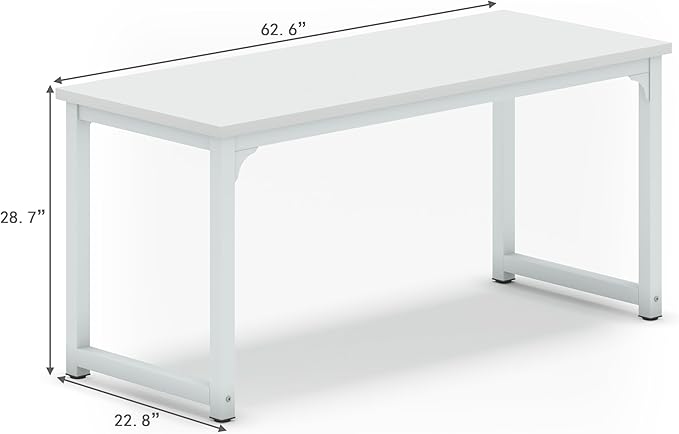 NSdirect Large Office Desk for Home Office, Large 63" Computer Desk Table, Wide Writing Study Desk for 2 Person, Metal Sturdy Frame Thicker Steel Legs, (White, 62.6" L x 22.8" W x 28.7" H) - LeafyLoom