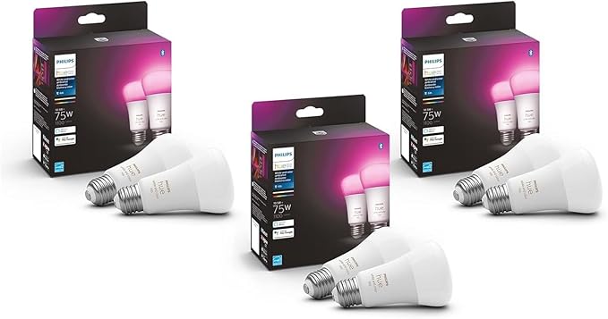 Philips Hue Smart 75W A19 LED Bulb - White and Color Ambiance Color - Changing Light - 6 Pack - 1100LM - E26 - Indoor - Control with Hue App - Works with Alexa, Google Assistant and Apple Homekit PhilipsHue