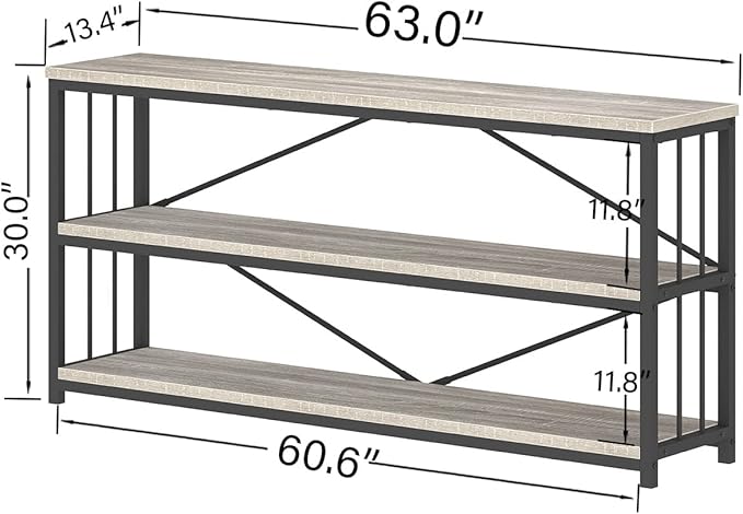 IBF Low Long Horizontal Bookshelf, Industrial Modern 3 Tier Etagere Bookcase, Large Wide Open Rustic Metal and Wood Grey Book Shelf for Bedroom Living Room Home Office Storage, Light Grey Oak, 63 Inch - LeafyLoom