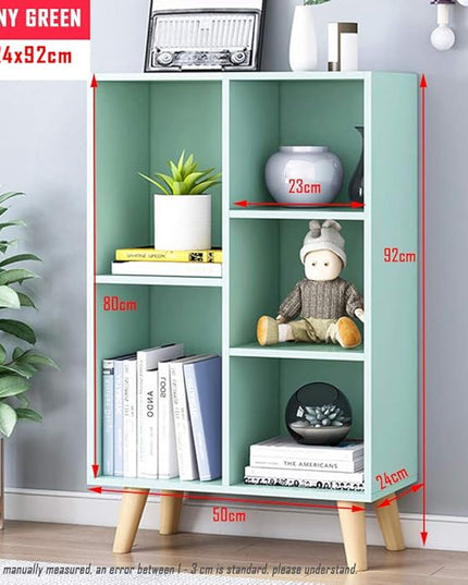 IOTXY Wooden Open Shelf Bookcase - 3-Tier Floorstanding Display Cabinet Rack with Legs, 5 Cubes Free Standing Bookshelf, Tiffany-Green - LeafyLoom