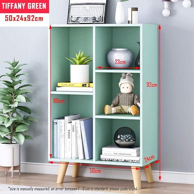 IOTXY Wooden Open Shelf Bookcase - 3-Tier Floorstanding Display Cabinet Rack with Legs, 5 Cubes Free Standing Bookshelf, Tiffany-Green - LeafyLoom