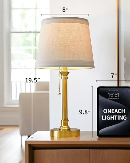 Oneach Modern Gold Brass Table Lamp Set of 2 for Bedroom Living Room 19.5'' Traditional Bedside Desk Nightstand Buffet Candlestick Samll Lamps with White Drum Shade - LeafyLoom