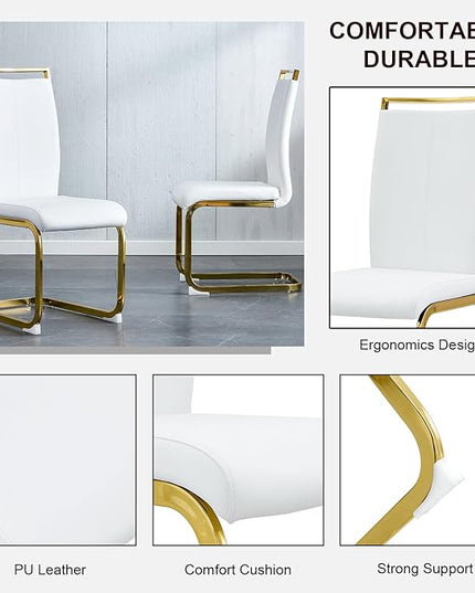 Modern Dining Chairs Set of 6,High Back White Kitchen Chairs,Faux Leather Side Chair with Gold Plated Metal Legs,Easy to Clean Upholstered Dining Chairs,Ideal for Living Room(Gold Leg) - LeafyLoom