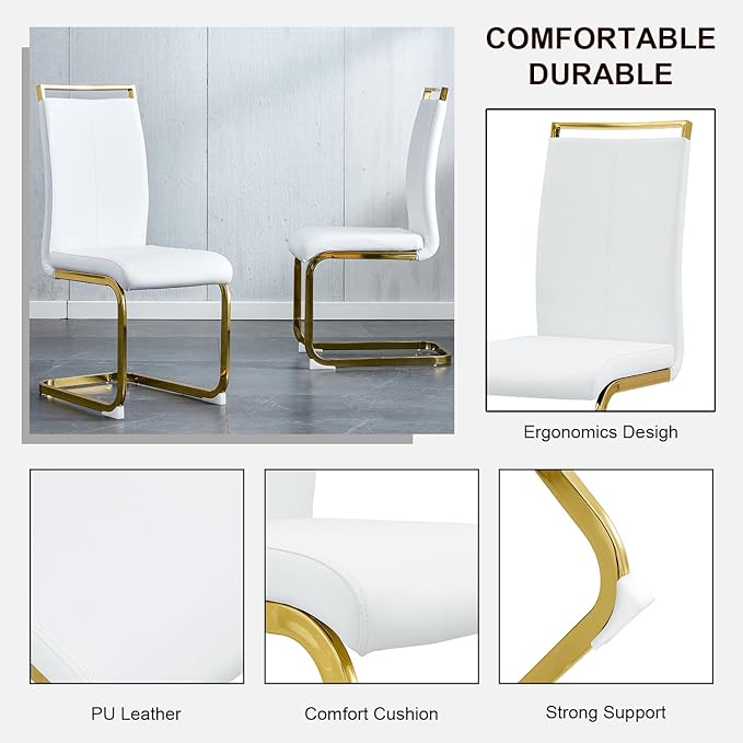 Modern Dining Chairs Set of 6,High Back White Kitchen Chairs,Faux Leather Side Chair with Gold Plated Metal Legs,Easy to Clean Upholstered Dining Chairs,Ideal for Living Room(Gold Leg) - LeafyLoom