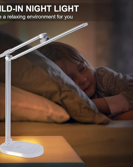 Lightess LED Desk Lamp with Wireless Charger, USB Charging Port, 5 Color Modes, 5 Brightness Level, Dimmable Desk Lamp, Office Table Lamp for Study Reading, Touch Control, Auto Timer - LeafyLoom