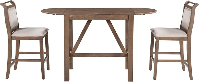 NicBex Small Dining Table for 2 Breakfast Nook Table Set 3-Piece Wood Counter Height Drop Leaf Dining Table Set with 2 Upholstered Dining Chairs for Small Place, Brown - LeafyLoom