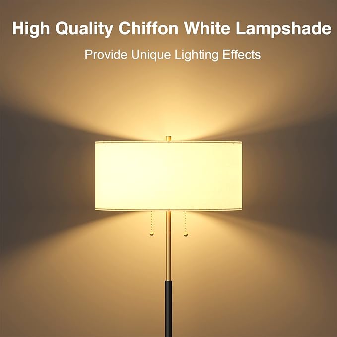 2-Light Floor Lamp, Mid Century Floor Lamp with White Fabric Shade, Standing Lamp Tall Lamp for Living Room Bedroom, 3 Color Temperatures 9W Bulb Include - LeafyLoom