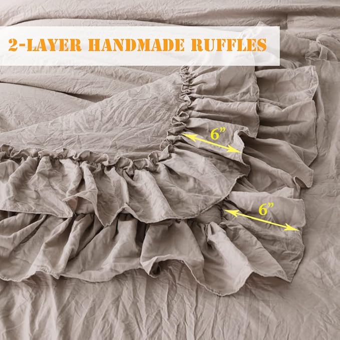 Taupe Ruffled Comforter Set for Queen Bed,3 Pieces Vintage Farmhouse Shabby Bedding Set Lightweight Ultra Soft French Country Bedding (1 Farmhouse Comforter +2 Pillowcases) - LeafyLoom