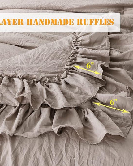 Shabby Ruffled King Comforter Set,Farmhouse Taupe Bedding Comforter Lightweight Ultra Soft Vintage Rustic Microfiber Bedding 3pc (1 Ruffle Comforter and 2 Pillowcases) - LeafyLoom