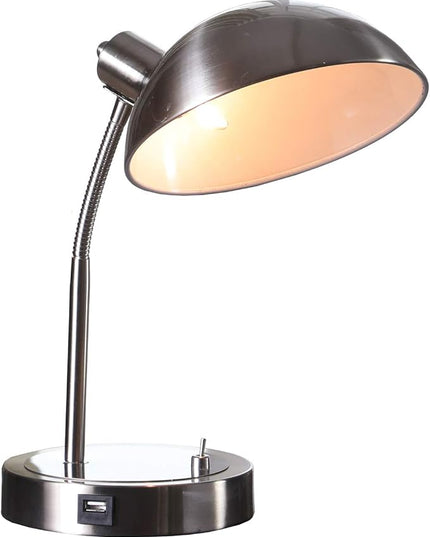 Ore International HBL2128 Leone Flexible Neck Metal Student Task Desk Lamp with USB Port, Brush Silver - LeafyLoom
