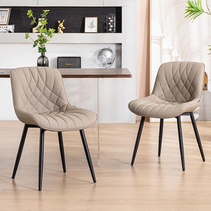YOUNUOKE Dining Chairs Set of 2 Mid Century Modern Kitchen Chair Comfortable Upholstered Faux Leather Dinner Chairs for Kitchen Dining Room, Khaki - LeafyLoom