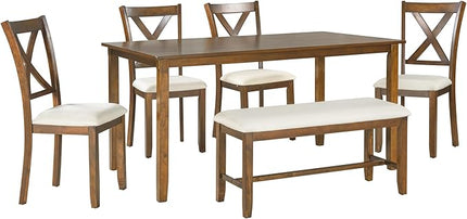 RITSU 6-Piece Family Rectangular Dining Table Set with 4 Upholstered Fabric Chairs and Bench, w/Rubberized Solid Wood Structure X-Shaped Backrest, Suitable for Living Room, Kitchen, Natural Cherry - LeafyLoom