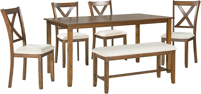 RITSU 6-Piece Family Rectangular Dining Table Set with 4 Upholstered Fabric Chairs and Bench, w/Rubberized Solid Wood Structure X-Shaped Backrest, Suitable for Living Room, Kitchen, Natural Cherry - LeafyLoom