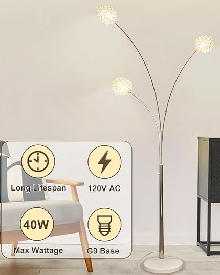 DLLT Floor Lamps for Living Room, 3-Light Chrome Arc Standing Lamp, 86.6" Modern Tall Tree Floor Lamp with Adjustable Arms, Multi-Head LED Floor Lamps for Bedroom, Study, Office, G9 Bulbs Included - LeafyLoom