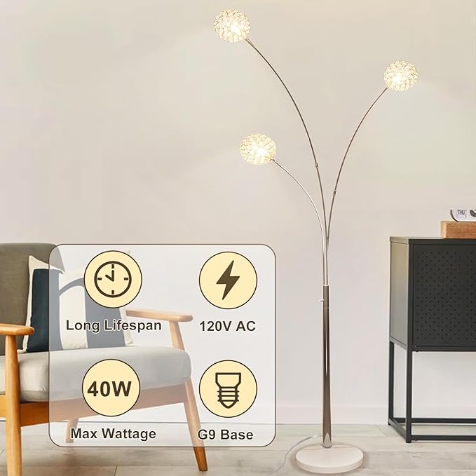 DLLT Floor Lamps for Living Room, 3-Light Chrome Arc Standing Lamp, 86.6" Modern Tall Tree Floor Lamp with Adjustable Arms, Multi-Head LED Floor Lamps for Bedroom, Study, Office, G9 Bulbs Included - LeafyLoom