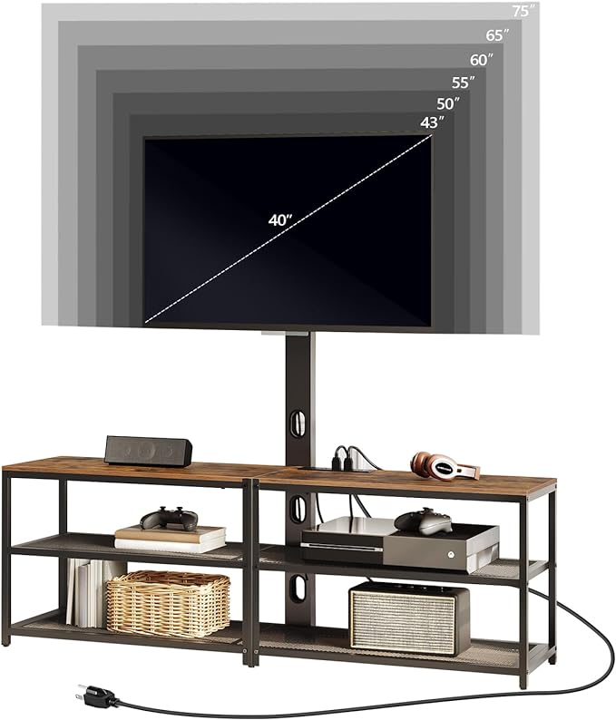 TV Stand with Mount and 4 Power Outlets 59", Entertainment Center Media Console, Swivel TV Stand Mount up to 75 inch TVs, Height Adjustable, Metal Frame for Living Room, Bedroom TVHR35E01V - LeafyLoom