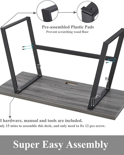 BON AUGURE 55 inch Modern Writing Desk, Rustic Computer Desk for Home Office, Sturdy Simple Wood and Metal Desk, Industrial Work Study Table (Dark Grey Oak) - LeafyLoom