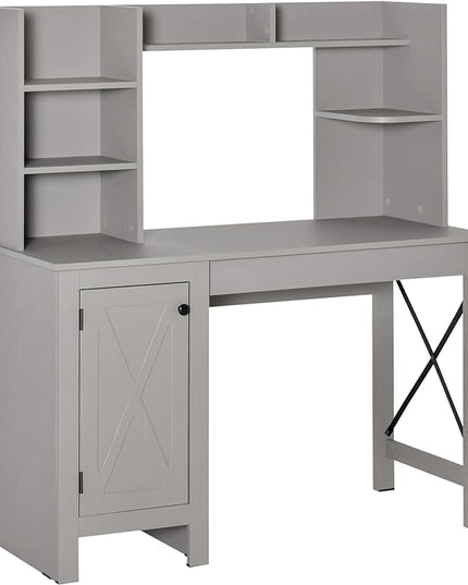 HOMCOM Farmhouse Computer Desk with Hutch and Cabinet, Home office Desk with Storage, for Study, Light Grey - LeafyLoom