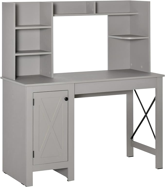 HOMCOM Farmhouse Computer Desk with Hutch and Cabinet, Home office Desk with Storage, for Study, Light Grey - LeafyLoom